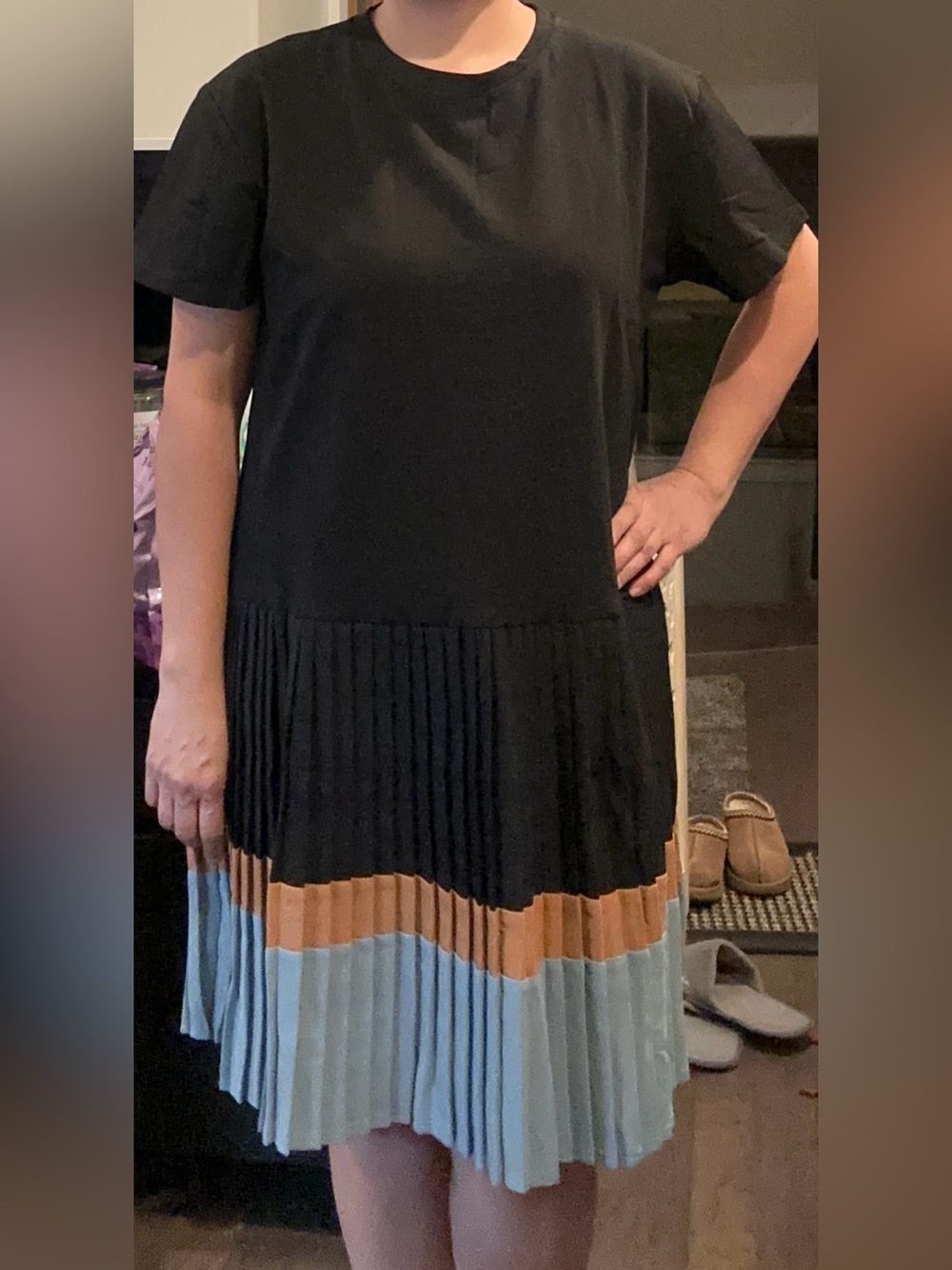 Pleated Colorblock Midi Dress - Black, Tan & Light Blue size up to 3XL